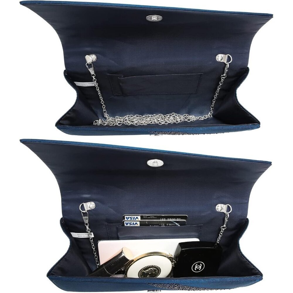 Women's Navy Satin Rhinestone Evening Clutch Bag Sparkle Glitter Purse - Picture 5 of 7